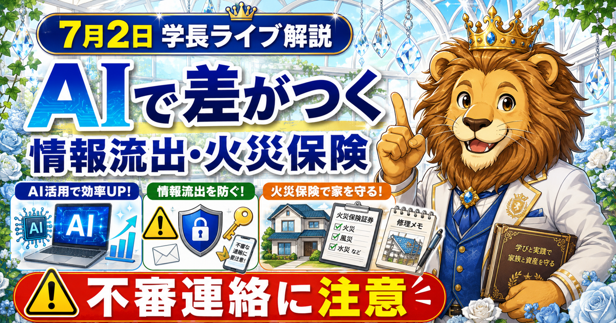 2026年7月2日の両学長ライブ解説｜AI活用・情報流出対策・火災保険の学びのアイキャッチ画像