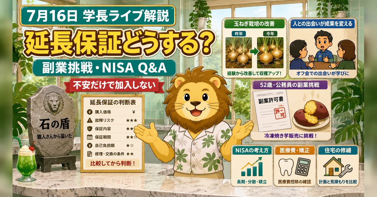 2026年7月16日の両学長ライブ解説｜延長保証・副業挑戦・NISA判断のアイキャッチ画像