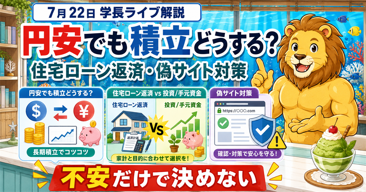 2026年7月22日の両学長ライブ解説｜円安とインデックス投資・住宅ローン繰り上げ返済・偽サイト対策のアイキャッチ画像