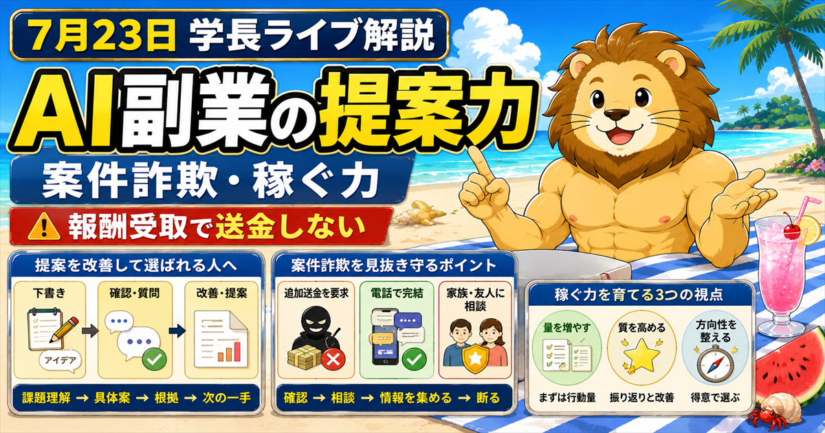2026年7月23日の両学長ライブ解説｜AI副業の提案改善・案件詐欺対策・稼ぐ力の育て方のアイキャッチ画像