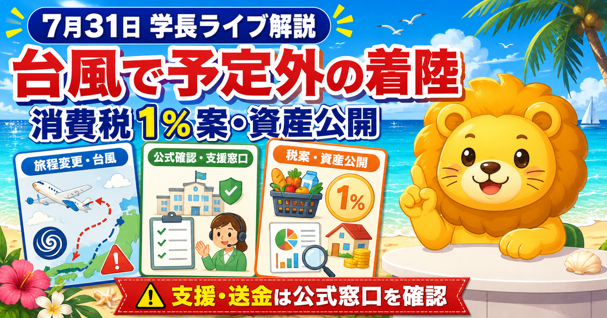 2026年7月31日の両学長ライブ解説｜台風時の備え・食料品消費税1％案・資産情報の見方のアイキャッチ画像